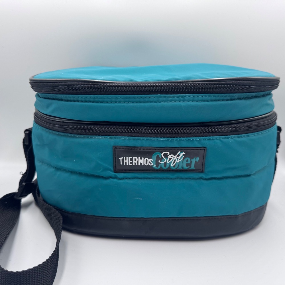 Vintage 90s Thermos Soft Cooler Bag Teal Black Insulated Lunch Box Strap